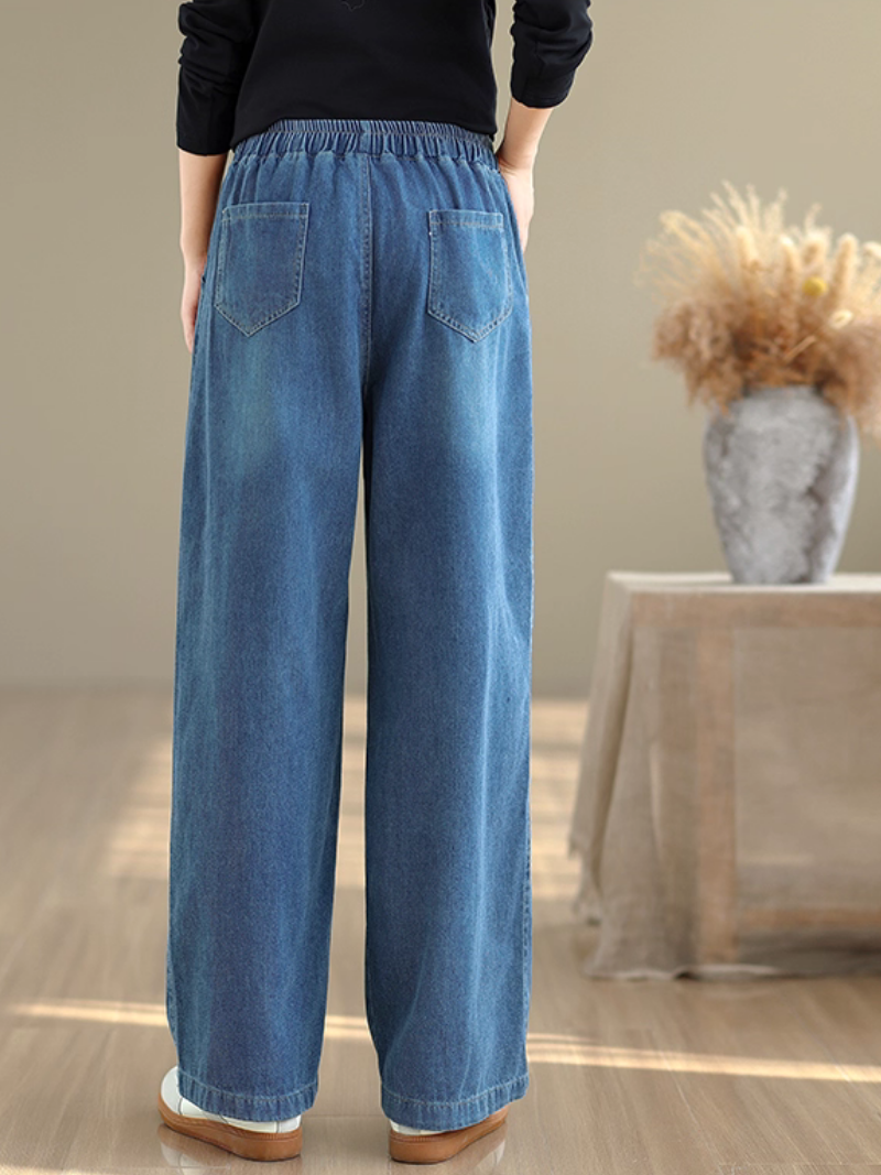 Relaxed Wide-Leg Denim Cotton Pants with Elastic Waist Ease