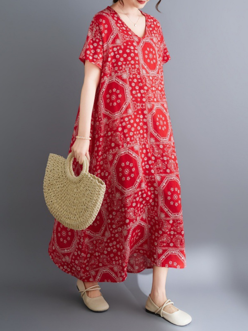 Bandana Mosaic Printed Cotton Relaxed Midi Dress with Soft Drape