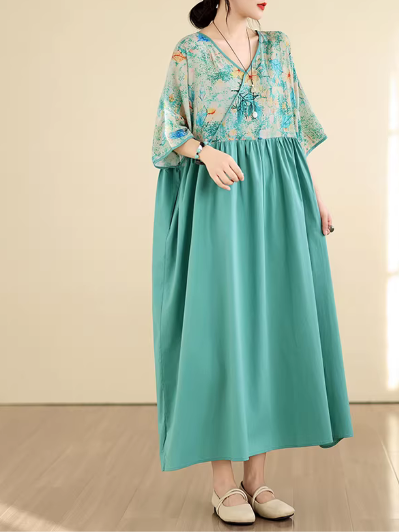 Artful Floral-Bodice V-Neck Maxi Dress in Breezy Viscose Blend Elegance