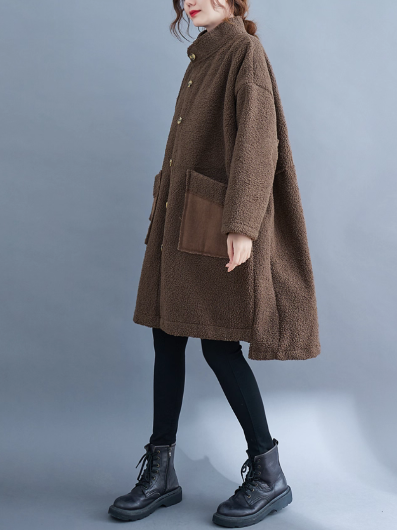 Oversized Lambskin Shearling Coat with Stand Collar and Contrast Patch Pockets