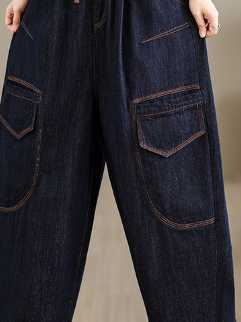 Artful Wide-Leg Denim Pants with Oversized Pockets and Drawstring Waist
