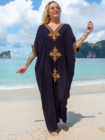 Women's Beachside Relaxation Embroidered Short Sleeves Kaftan Dress