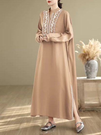 Embroidered Cotton-Linen Kaftan Maxi Dress with Mandarin Neckline