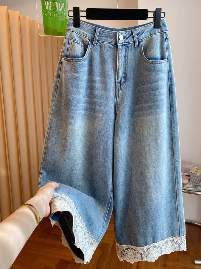 High-Rise Lace-Trim Denim Culottes, Relaxed Wide-Leg Jeans in Soft Cotton