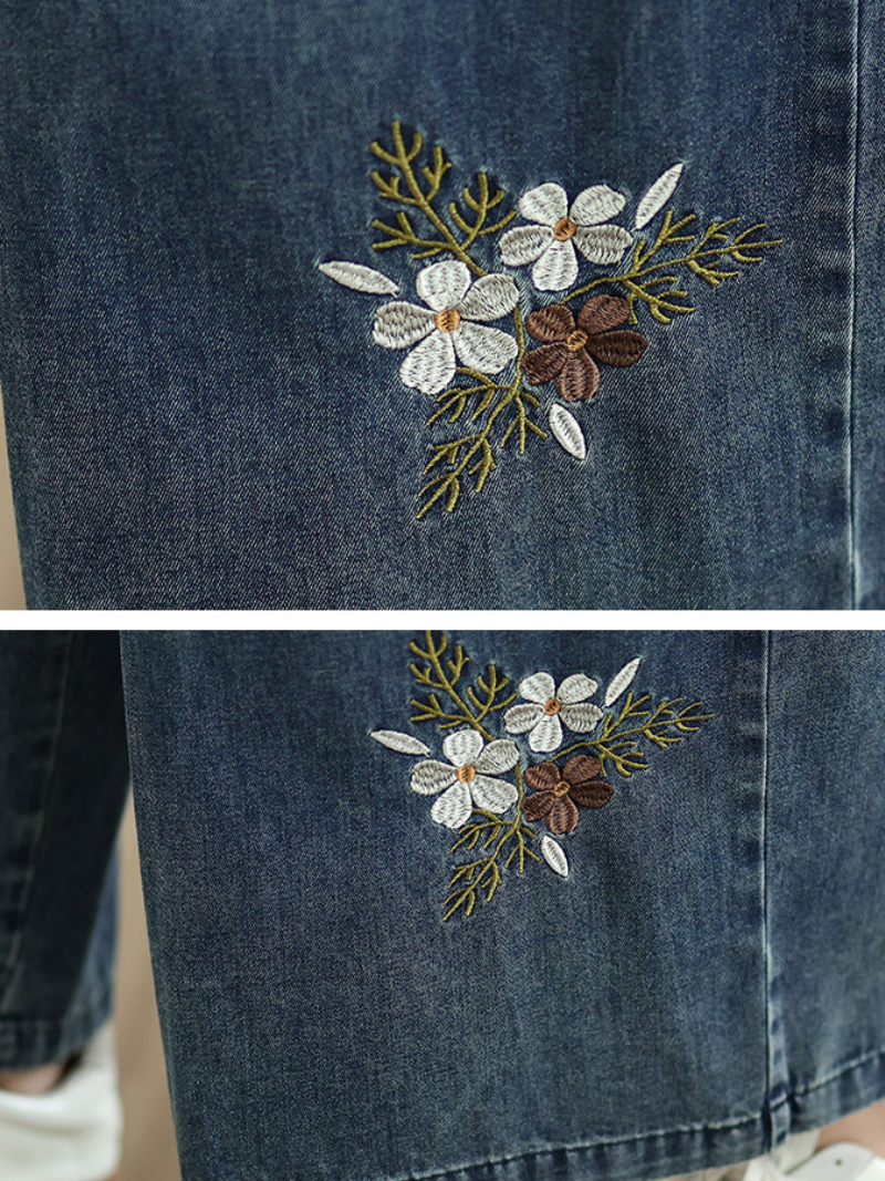 Artisan Floral Wide-Leg Denim Pants with Elastic Waist, Effortless Chic