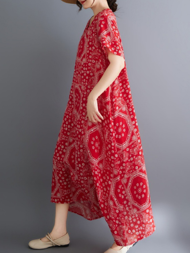 Bandana Mosaic Printed Cotton Relaxed Midi Dress with Soft Drape