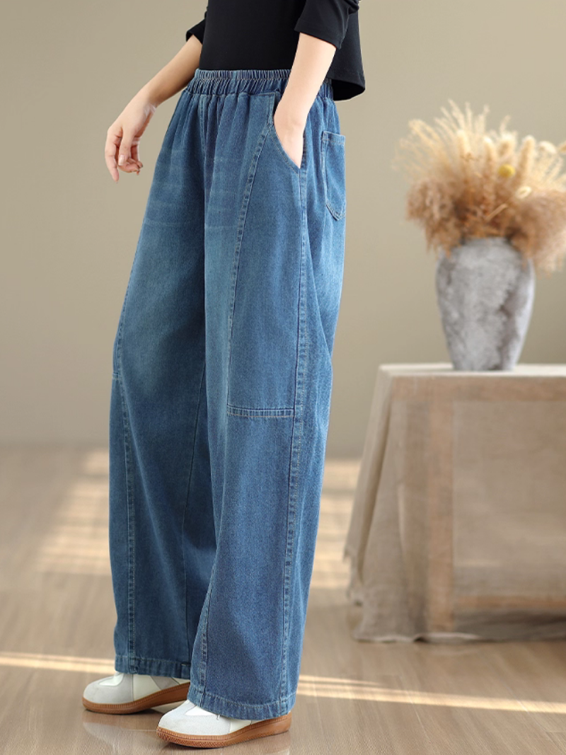 Relaxed Wide-Leg Denim Cotton Pants with Elastic Waist Ease