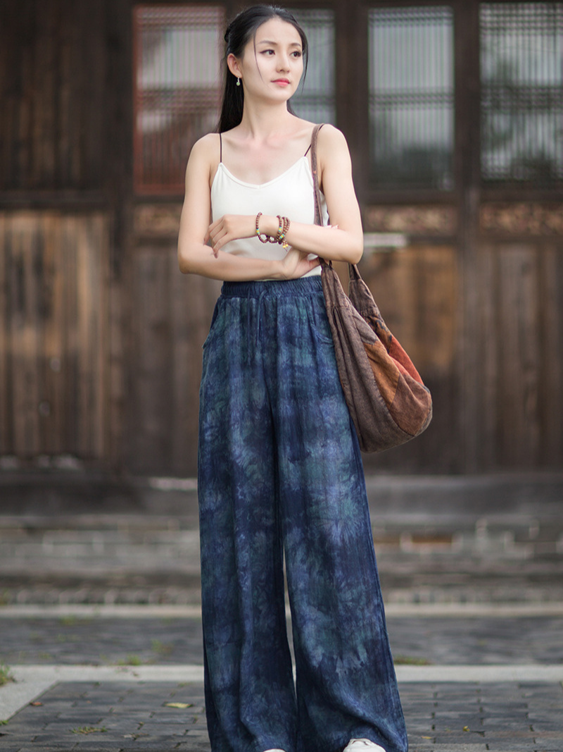 Artisanal Linen-Cotton Wide-Leg Palazzo Pants with Pockets, Women's Summer Elegance