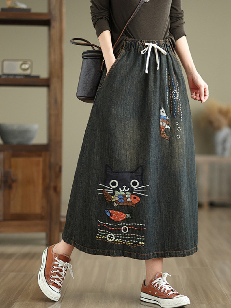 Playful Embroidered A-Line Denim Skirt with Drawstring Waist, Chic Midi