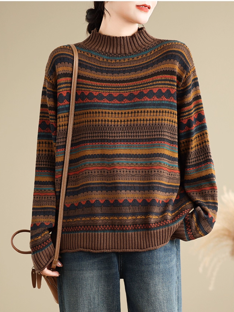 Artisanal Jacquard Mock-Neck Women's Knit Sweater, Relaxed Weekend Layer