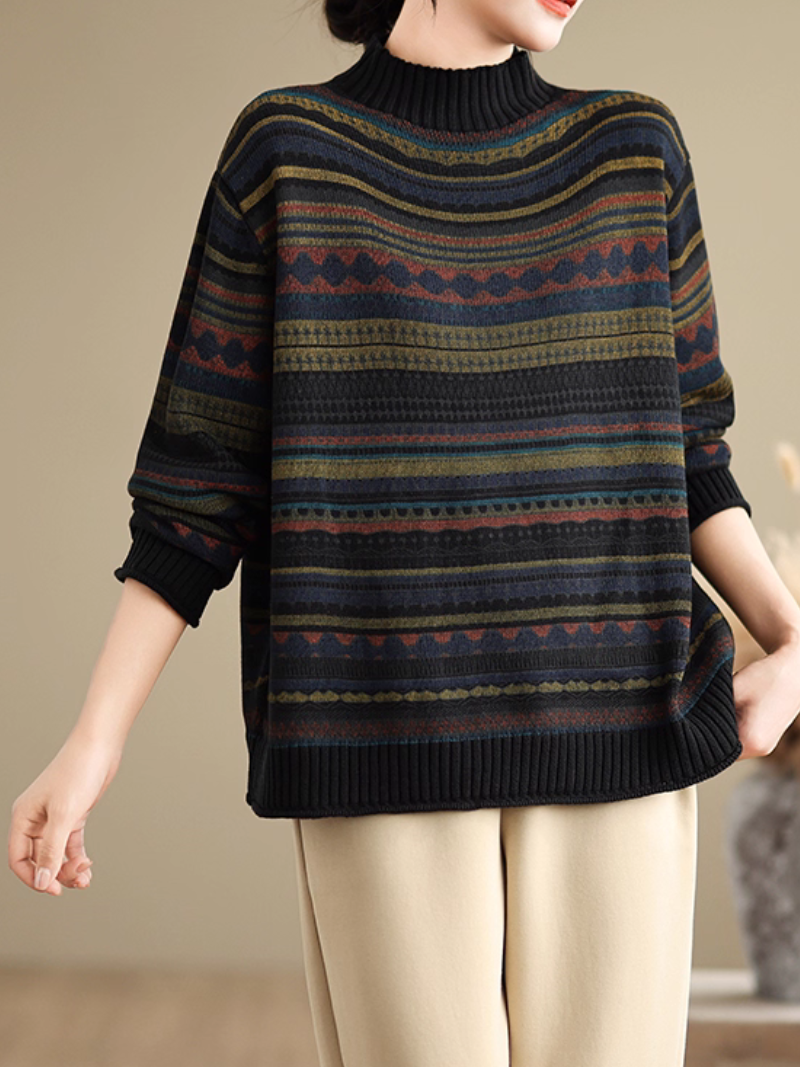 Artisanal Jacquard Mock-Neck Women's Knit Sweater, Relaxed Weekend Layer