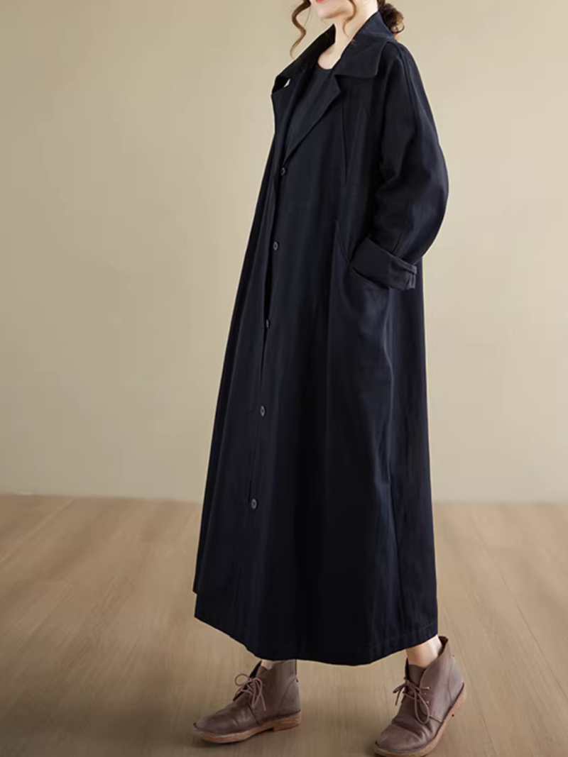 Chic Oversized Polyester Trench Coat with Notched Collar, Minimalist Women's Outerwear