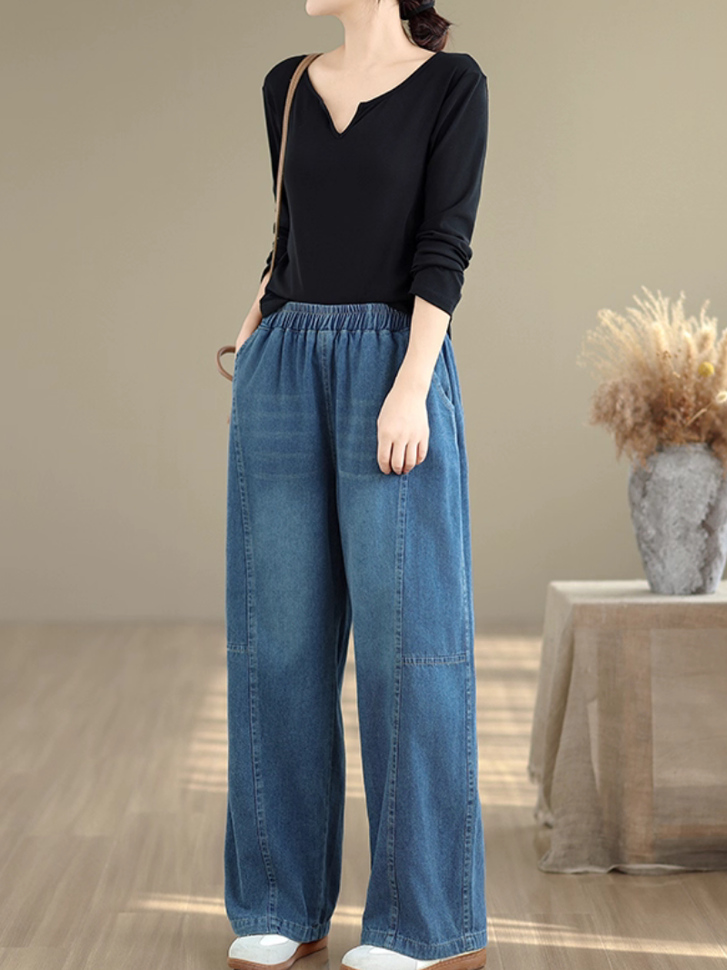 Relaxed Wide-Leg Denim Cotton Pants with Elastic Waist Ease