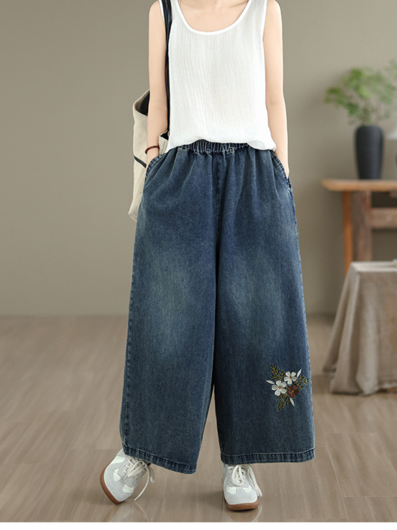 Artisan Floral Wide-Leg Denim Pants with Elastic Waist, Effortless Chic