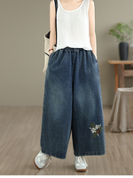 Artisan Floral Wide-Leg Denim Pants with Elastic Waist, Effortless Chic