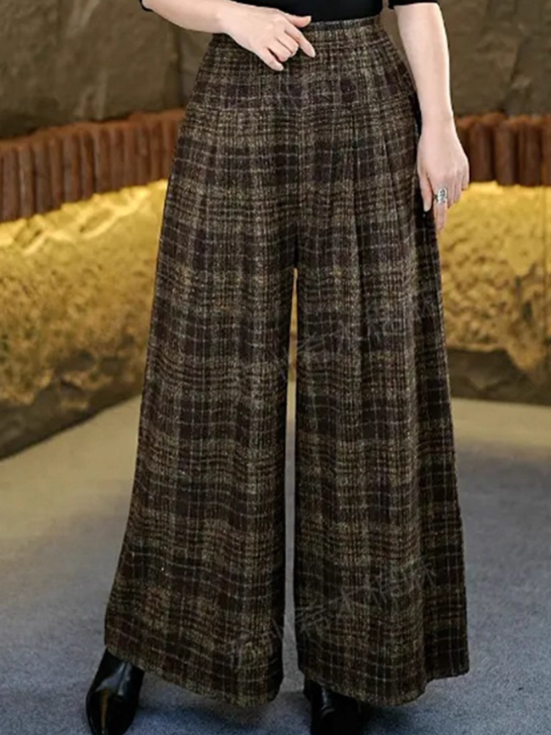 Chic High-Waist Plaid Wide-Leg Trousers, Tailored Polyester Palazzo Pants for Workdays