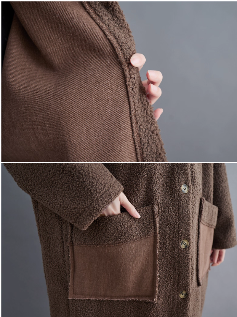 Oversized Lambskin Shearling Coat with Stand Collar and Contrast Patch Pockets