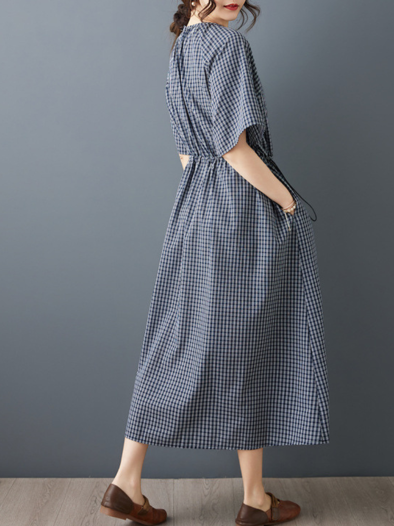 Gingham Midi Dress with Drawstring Waist in Cotton Blend Fabric