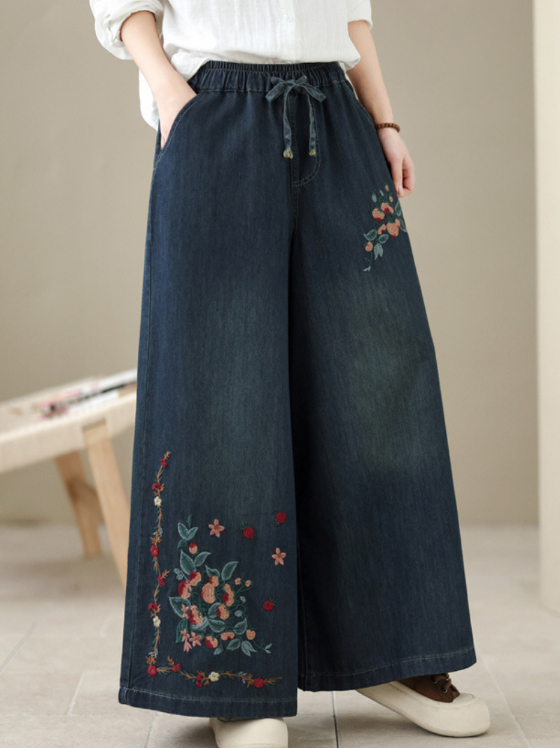 Embroidered Wide-Leg Denim Palazzo Pants in Soft Cotton, Relaxed Drawstring Waist