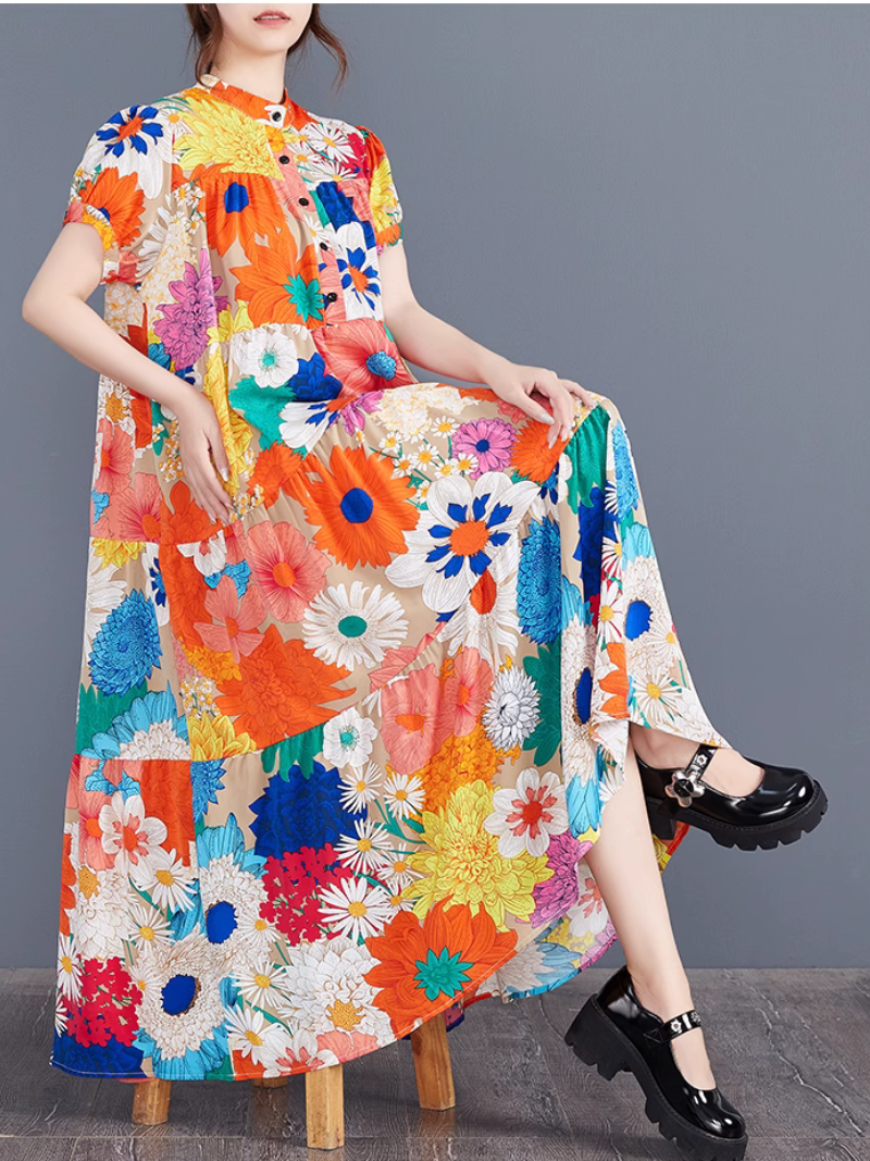 Élégance florale d'été pour femmes Grands fleurs imprimé en ligne robe A-Line