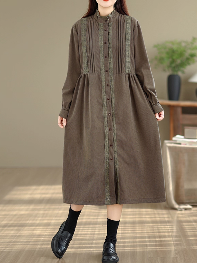 Vintage corduroy dress with stand collar and buttons, artful everyday ease