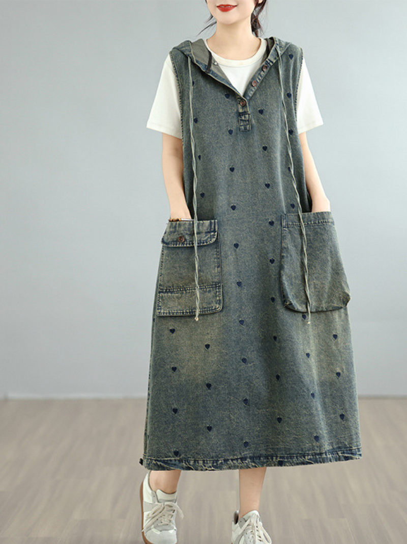 Hooded A-Line Denim Dress with Pockets and Playful Heart Motifs