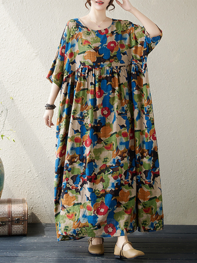 Women's Summer Boho Bloom Large Size Printed Smock Dress