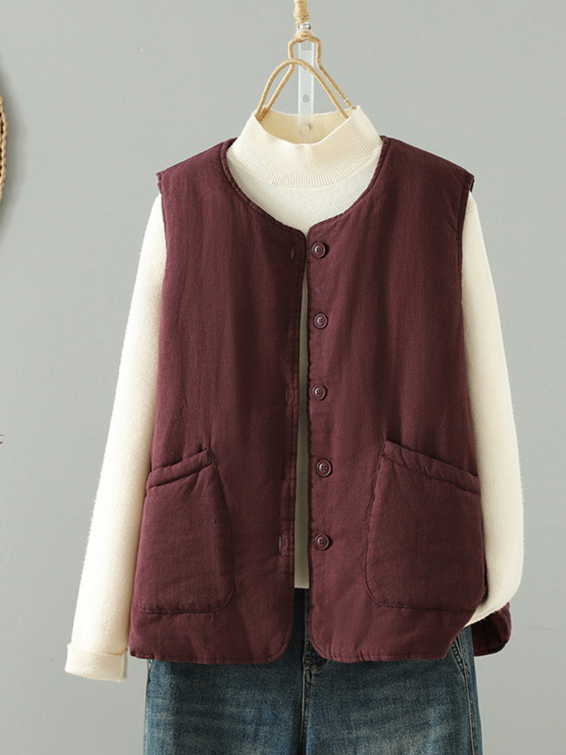 Chic Cotton&Flax Buttoned Women's Vest with Pockets, Minimal Layering Essential