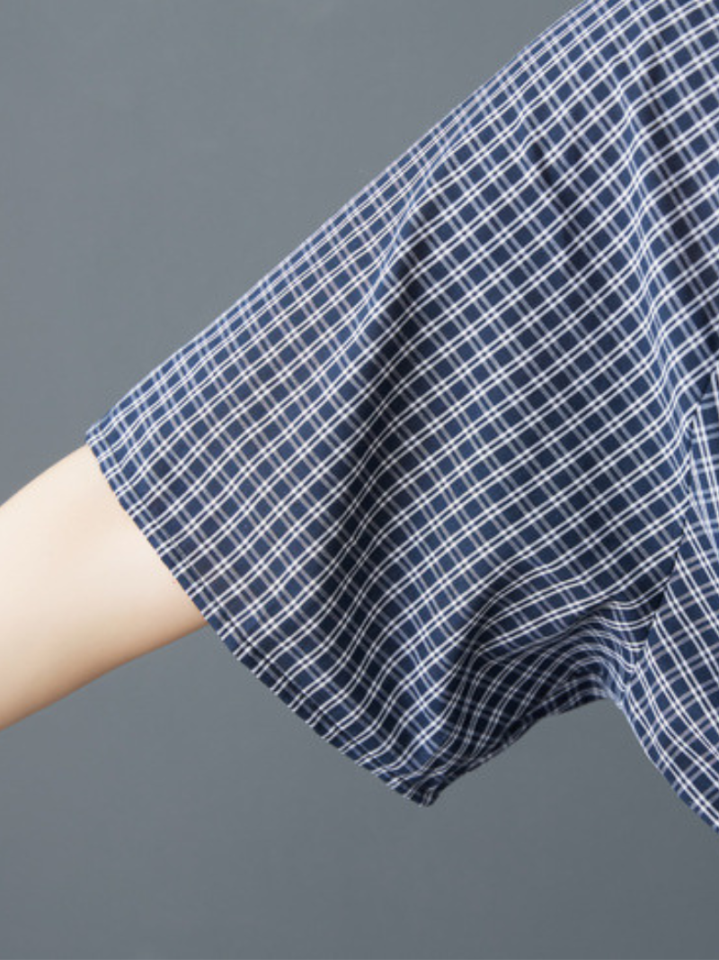 Gingham Midi Dress with Drawstring Waist in Cotton Blend Fabric