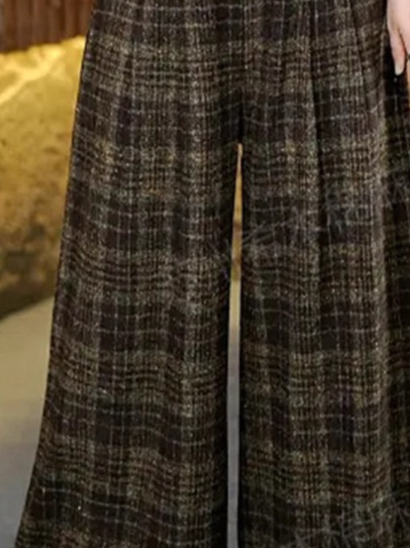 Chic High-Waist Plaid Wide-Leg Trousers, Tailored Polyester Palazzo Pants for Workdays