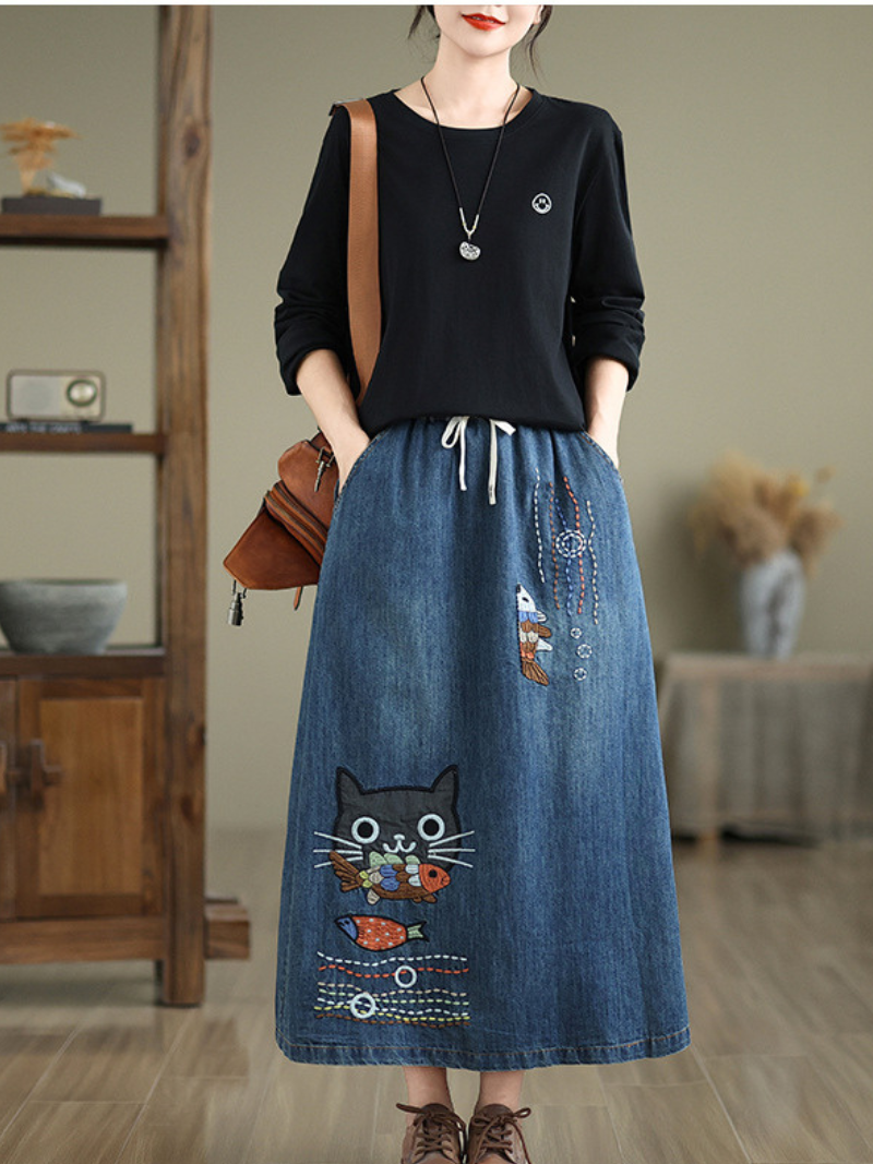 Playful Embroidered A-Line Denim Skirt with Drawstring Waist, Chic Midi