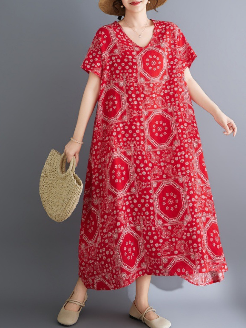 Bandana Mosaic Printed Cotton Relaxed Midi Dress with Soft Drape