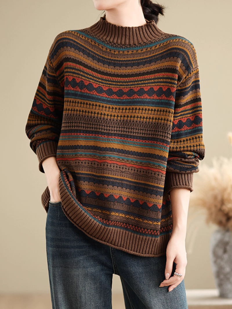 Artisanal Jacquard Mock-Neck Women's Knit Sweater, Relaxed Weekend Layer