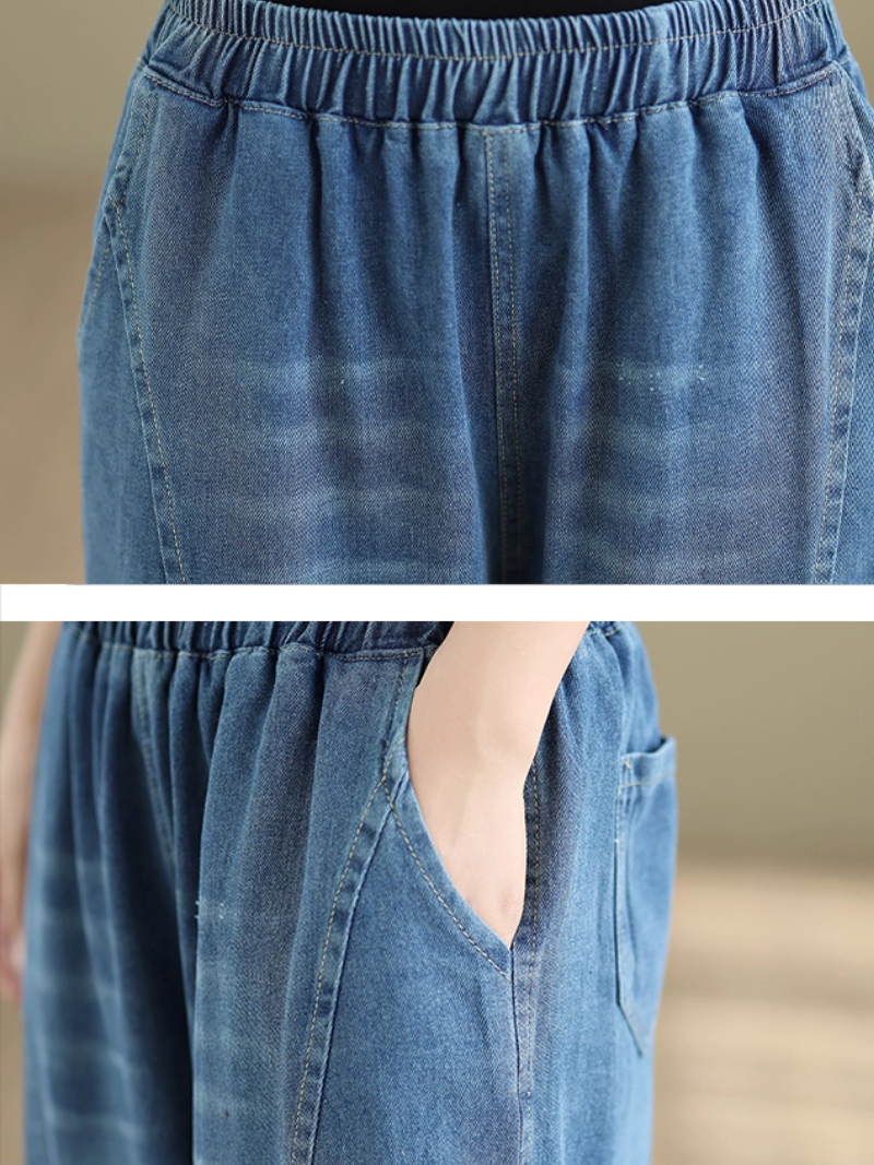 Relaxed Wide-Leg Denim Cotton Pants with Elastic Waist Ease