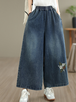 Artisan Floral Wide-Leg Denim Pants with Elastic Waist, Effortless Chic