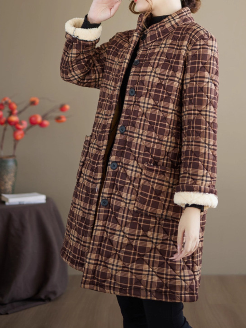 Quilted Plaid Stand-Collar Coat in Cotton&Flax with Patch Pockets Warm