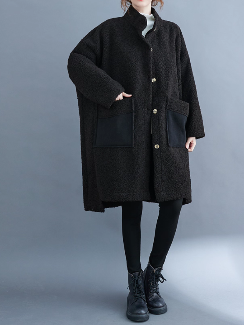Oversized Lambskin Shearling Coat with Stand Collar and Contrast Patch Pockets