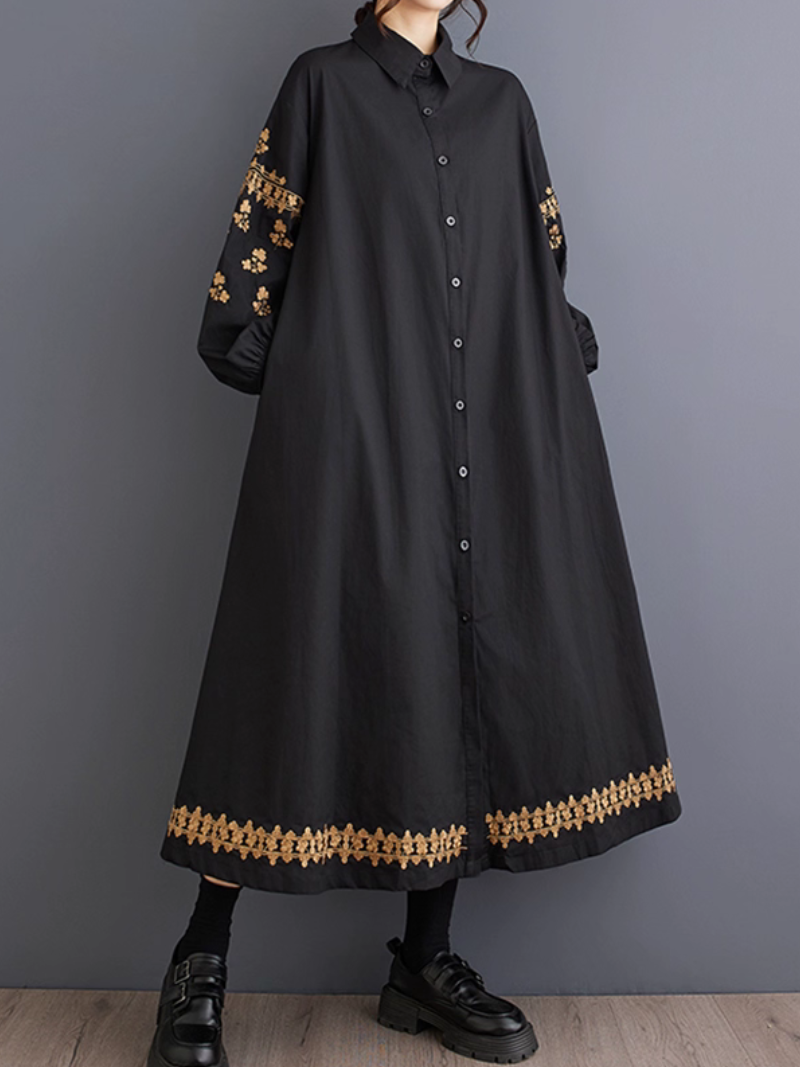 Embroidered Button-Front Shirt Dress with Lantern Sleeves, Chic and Elegant