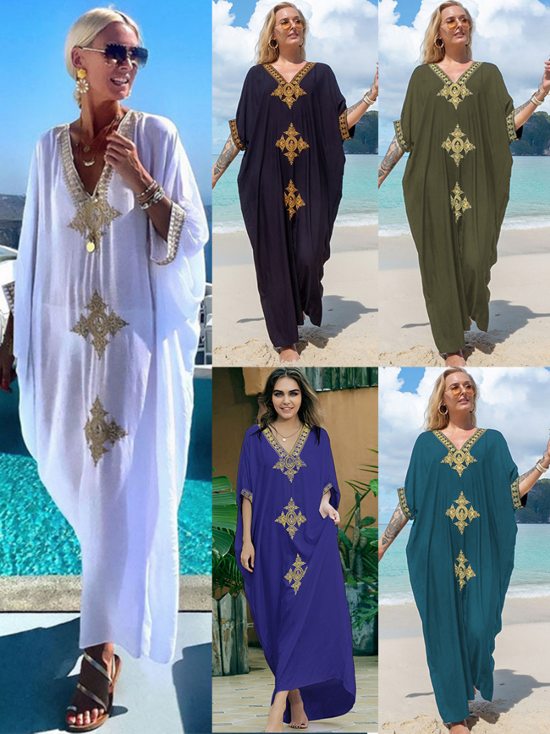 Détente des femmes en bordure de mer Broided à manches courtes Robe Kaftan