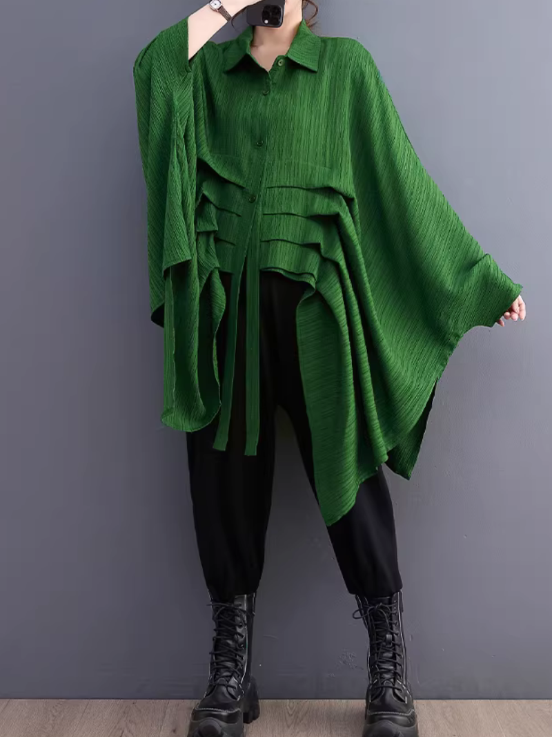 Asymmetric Pleated Oversized Shirt Tunic in Polyester, Sculptural Statement Blouse