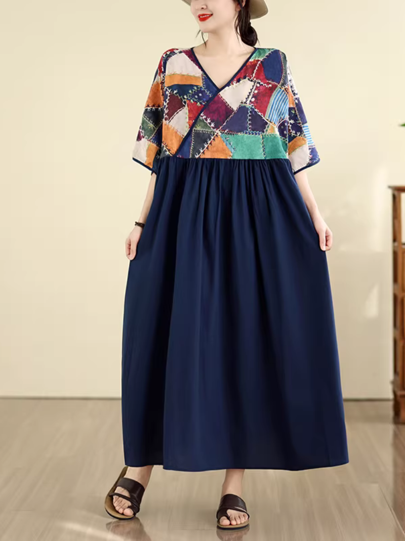 Patchwork V-Neck Boho Maxi Dress in Soft Viscose Blend Elegance