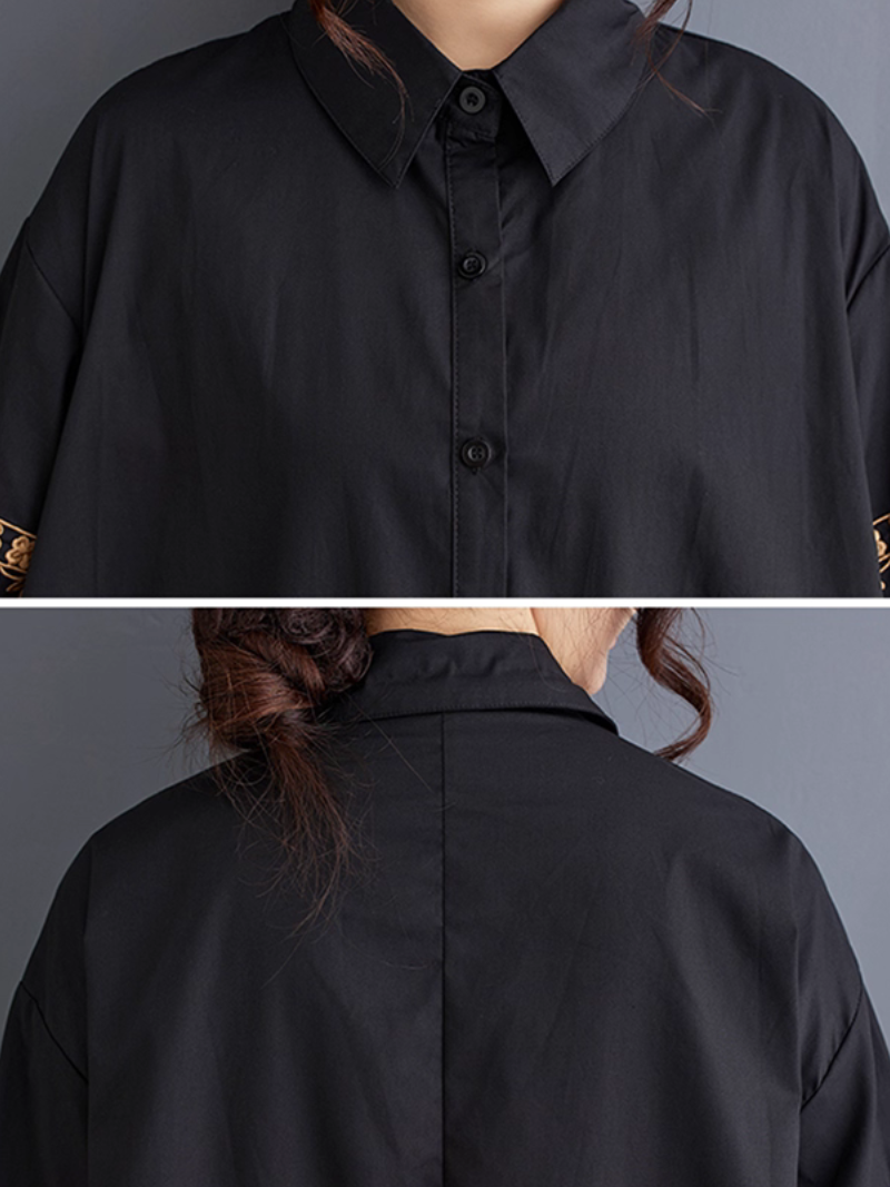 Embroidered Button-Front Shirt Dress with Lantern Sleeves, Chic and Elegant