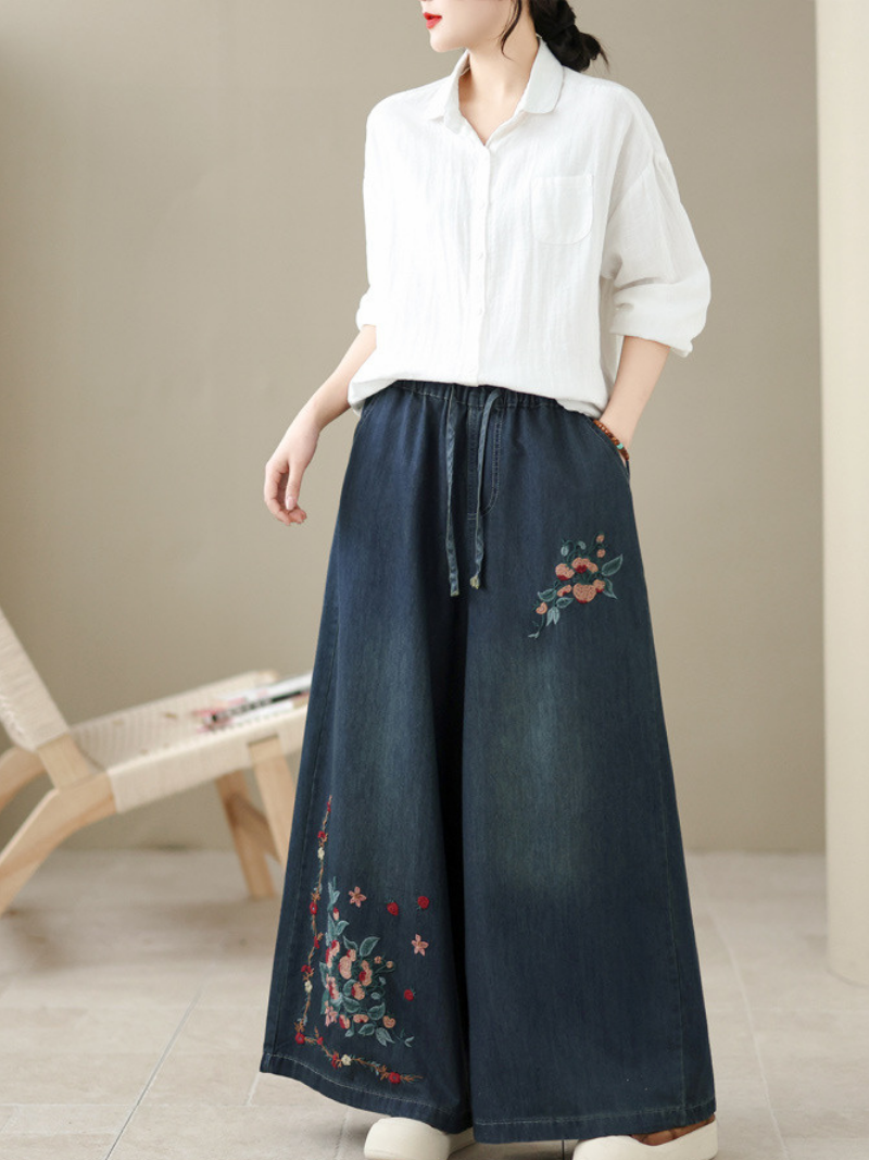 Embroidered Wide-Leg Denim Palazzo Pants in Soft Cotton, Relaxed Drawstring Waist