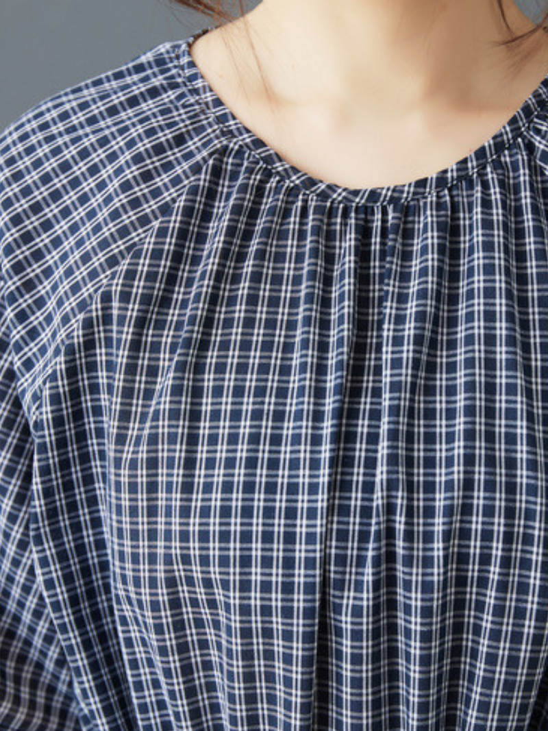 Gingham Midi Dress with Drawstring Waist in Cotton Blend Fabric