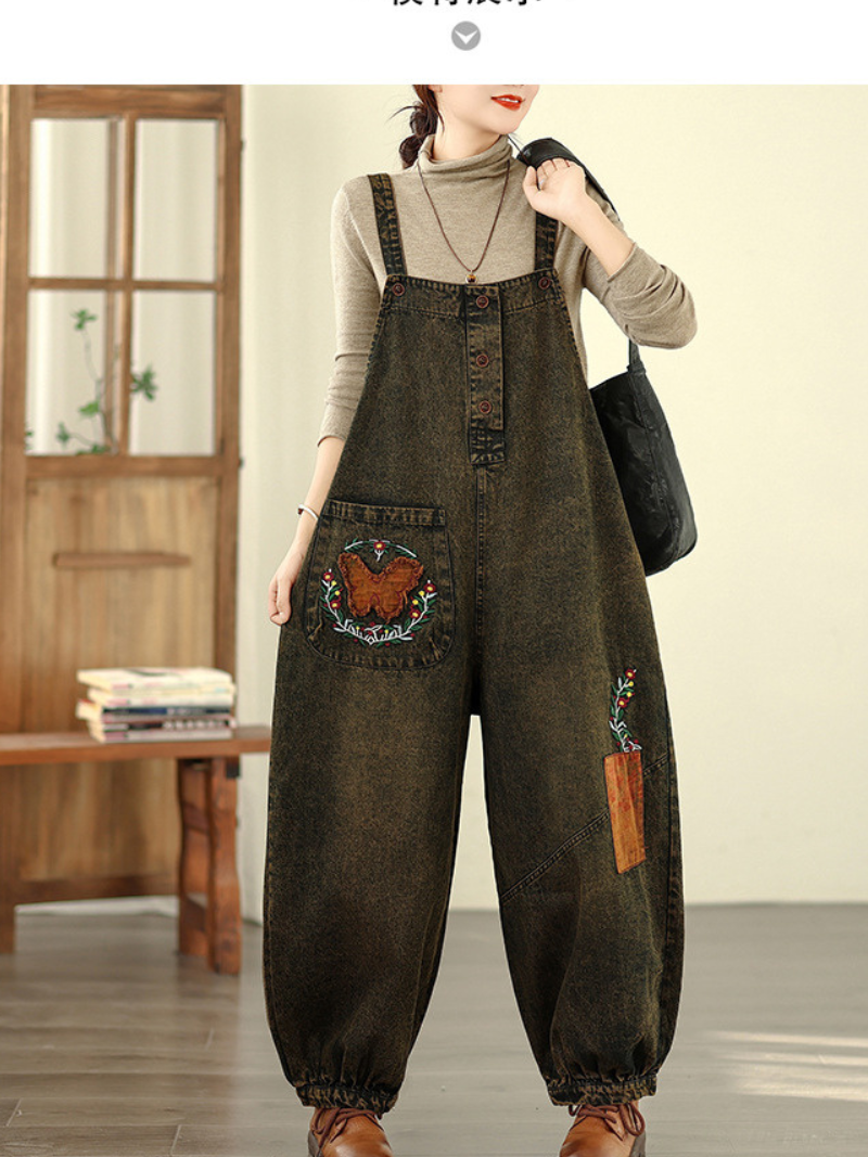 Artisanal Denim Overalls in Cotton with Embroidered Patchwork, Relaxed Jumpsuit