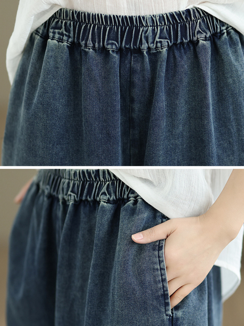 Artisan Floral Wide-Leg Denim Pants with Elastic Waist, Effortless Chic