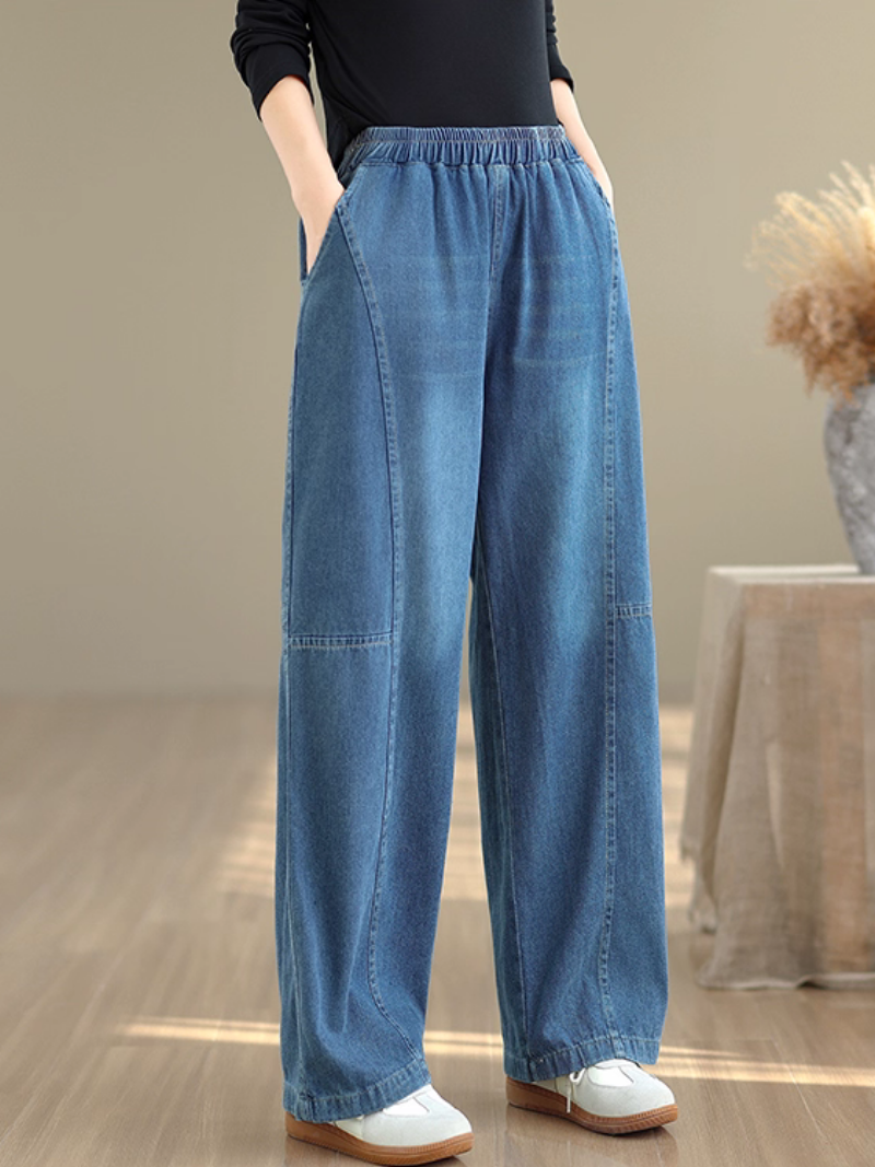 Relaxed Wide-Leg Denim Cotton Pants with Elastic Waist Ease