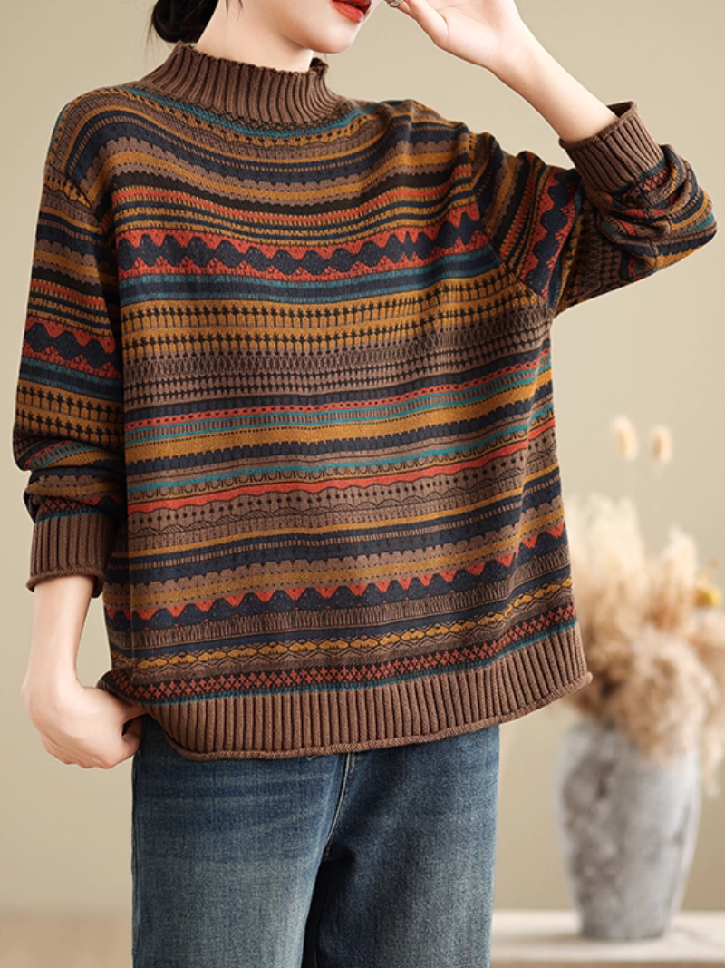 Artisanal Jacquard Mock-Neck Women's Knit Sweater, Relaxed Weekend Layer