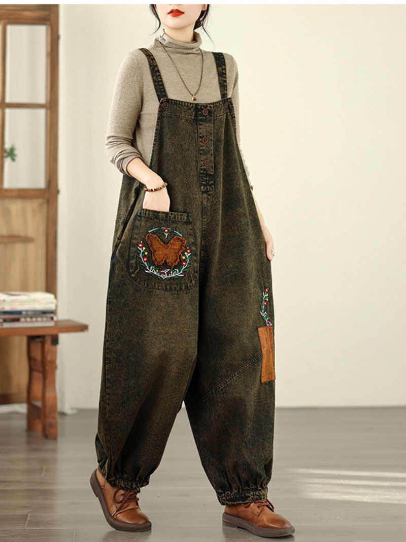 Artisanal Denim Overalls in Cotton with Embroidered Patchwork, Relaxed Jumpsuit