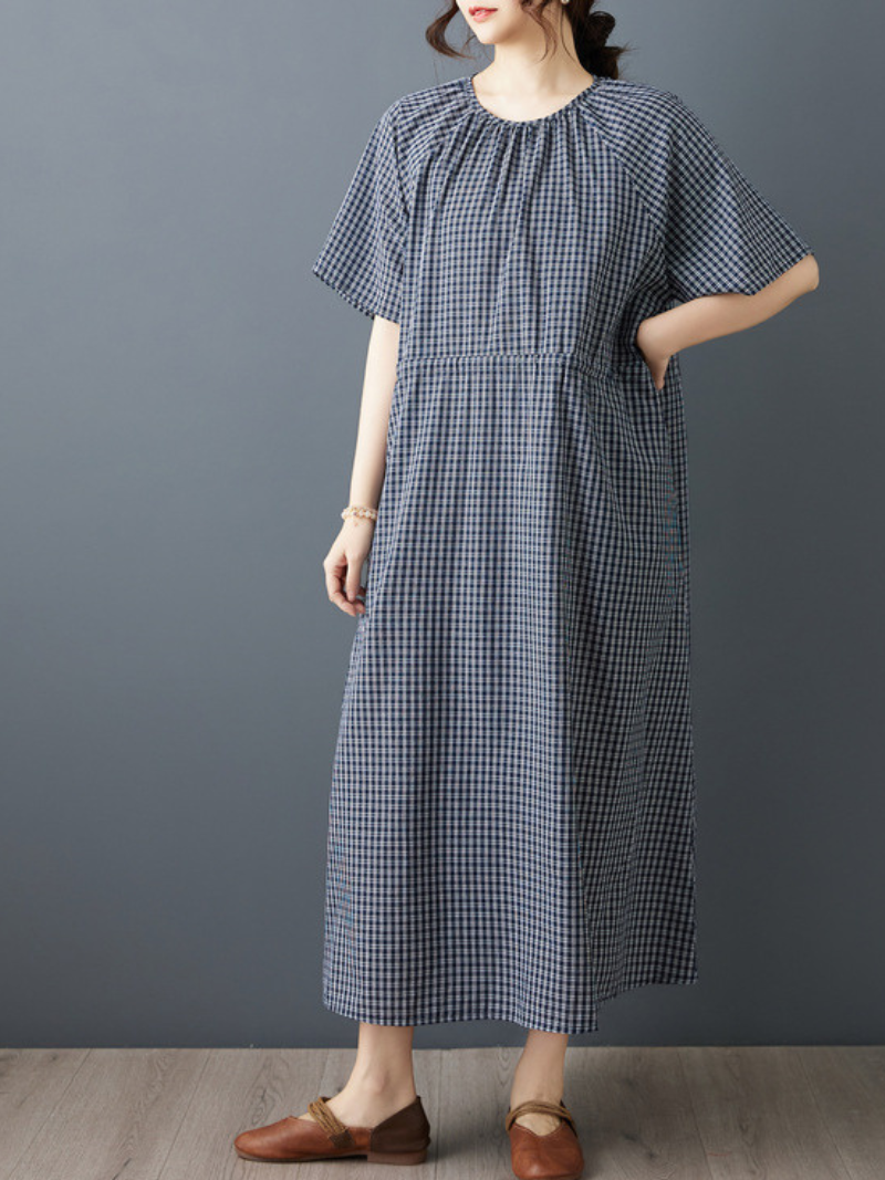 Gingham Midi Dress with Drawstring Waist in Cotton Blend Fabric